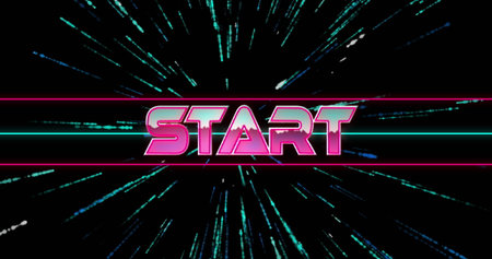 Image of start text over green and blue light trails. Global image game, communication, digital...