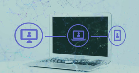 Image of network of connections and digital icons over laptop against grey background. Global...