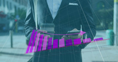 Image of graph showing loss over caucasian businessman holding coffee and using phone on street. Digital composite, business, report, drink, messaging, hands, technology, infographic and city.の写真素材