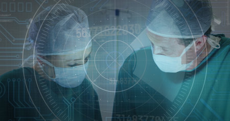 Image of round scanner against diverse male and female surgeons performing surgery at hospital. Medical healthcare technology conceptの写真素材