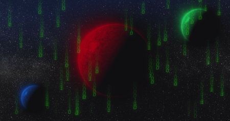 Image of data processing binary coding over globes. Global connections, computing and data...