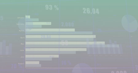 Image of statistical data processing against purple gradient background. Computer interface and...