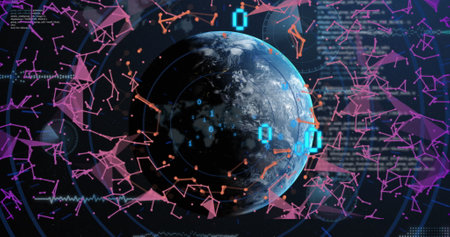 Image of data processing over globe and connections with binary coding. Global connections, digital interface, computing and data processing concept digitally generated image.の写真素材