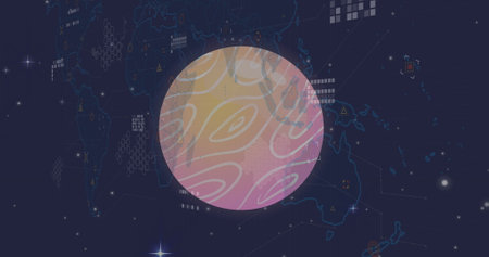 Image of data processing over globe. Global connections, computing and data processing concept digitally generated image.の写真素材