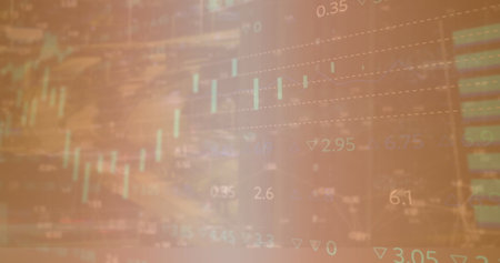 Image of multiple graphs, loading circles and trading board against abstract background. Digitally...