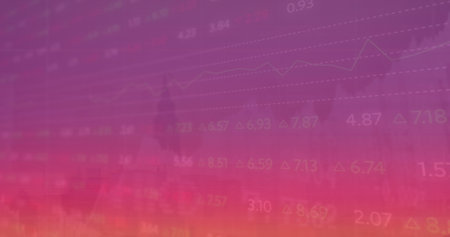 Image of trading board over graph against skyscraper in background. Digital composite, multiple exposure, report, business, stock market, building and architecture concept.の写真素材