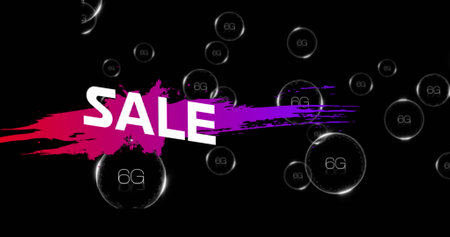 Image of sale text on color splash with geometric shapes, 6g text in bubble on black background. Digitally generated, hologram, illustration, telecommunication, discount and technology concept.の写真素材