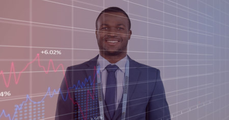 Image of graphs, changing numbers, african american man with measure tape around neck. Digital...