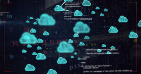 Glowing blue cloud icons floating against dark background filled with lines of code. Representing...