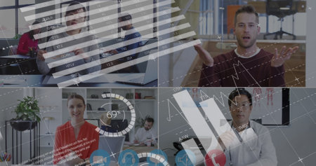 Image of digital interface with icons on computer screen with people talking on video call. global...