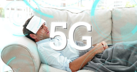 Image of 5G text with circles and scopes scanning over sick man lying on sofa in the background. Global coronavirus pandemic concept digitally generated image.の写真素材