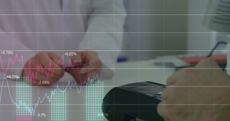 Image of financial data processing over person paying with credit card in pharmacy in the...