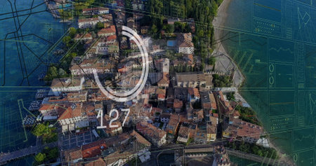 Image of financial data processing over cityscape. Global business, finances, computing and data...
