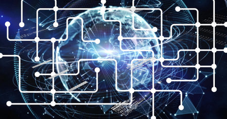 Image of network of connections over globe and data processing. global connections and digital...