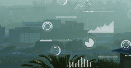 Image of financial data processing over cityscape. Global business, finances, computing and data processing concept digitally generated image.の写真素材