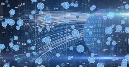 Image of network of digital icons against binary coding on globe against light trails. global...
