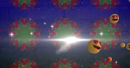 Image of multiple emoji icons moving over glowing kaleidoscope shapes changing in the  background....