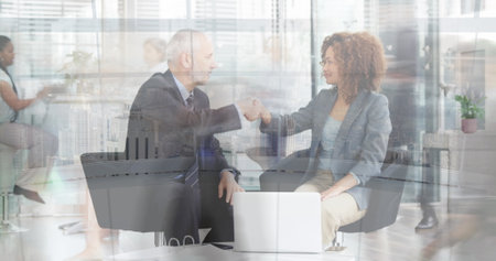 Image of fast walking pedestrians over business people in meeting. global business, communication...