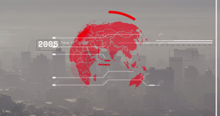 Image of interface with data processing and spinning globe against aerial view of cityscape....