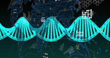 Image of spinning dna structure and world map against green gradient background. Medical research...