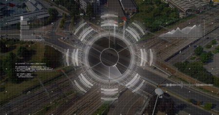 Image of round scanner and data processing against aerial view of city traffic. Computer interface...
