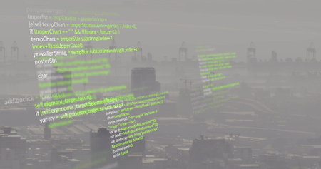 Image of data processing against aerial view of cityscape. Computer interface and business...