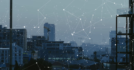 Image of interface with data processing and network of connections against view of cityscape....