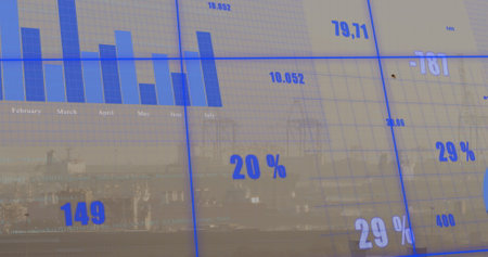 Image of statistical data processing over grid network against aerial view of cityscape. Computer...