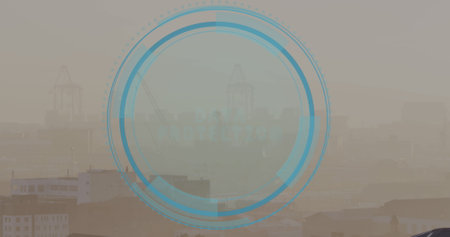 Image of data protection over spinning round scanner against aerial view of cityscape. Cyber...