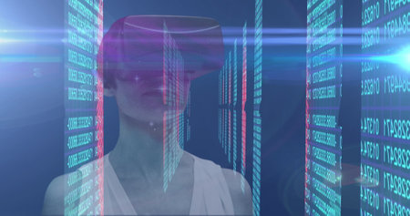 Image of caucasian woman with vr headset over binary coding. cloud computing and data processing concept digitally generated image.の写真素材