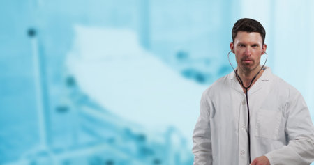 Image of caucasian male doctor over hospital. global medicine and digital interface concept digitally generated image.の写真素材