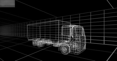 Image of digital lorry on black background, copy space. global transport and digital interface concept digitally generated imageの写真素材