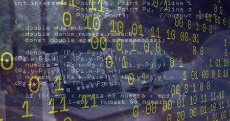 Image of data processing over diverse schoolchildren having laptop image call. Global education and digital interface concept digitally generated image.の写真素材