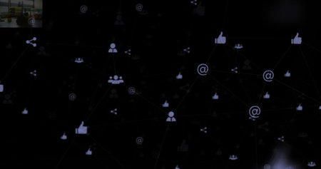 Image of technology icons floating on black background, copy space. global network, connections and technology concept digitally generated imageの写真素材