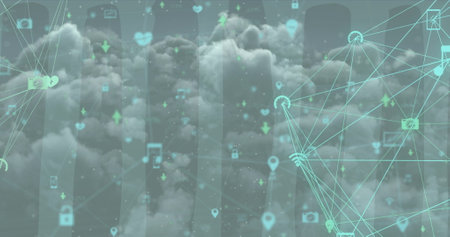Image of icons and connections over sky with clouds, copy space. network, connections and technology concept digitally generated imageの写真素材