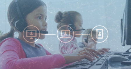 Image of digital icons over diverse students wearing phone headset using computer at school. School and education technology conceptの写真素材