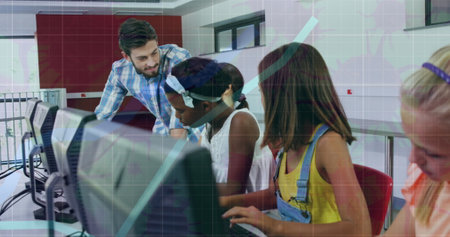 Image of data processing over diverse schoolchildren with teacher. Global education and digital...