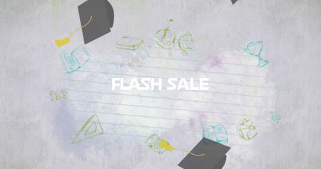 Image of school items icons and flash sale text over white background, copy space. school and education concept digitally generated imageの写真素材