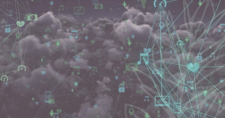 Image of icons and connections over sky with clouds, copy space. network, connections and technology concept digitally generated imageの写真素材