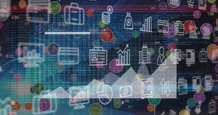 Image of multiple digital icons and statistical data processing against blue background. Computer interface and business technology conceptの写真素材