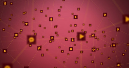 Image of network of digital icons and social media icons against red background. Social media networking and business technology conceptの写真素材