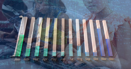 Image of graphs over diverse pupils using computers. School, education and finance concept digitally generated image.の写真素材
