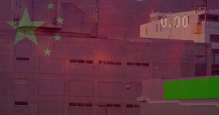 Image of waving chinese flag and data processing against tall buildings. Global economy and business technology conceptの写真素材