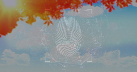 Image of connections over fingerprint scanning over sky and foliage, copy space. bionic security and technology concept digitally generated imageの写真素材