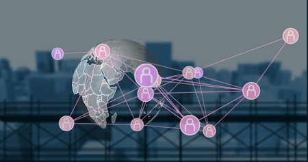 Image of globe with network of connections and icons over cityscape. Global connections, computing...