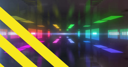 Image of yellow and blue lines over black space with colorful neon lights. ukraine crisis and international politics concept digitally generated image.の写真素材