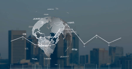 Image of statistical data processing and numbers over spinning globe against tall buildings. Global networking and business data technology conceptの写真素材