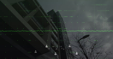 Image of financial data processing and profile icons against low angle view of tall building. Global...