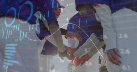 Image of financial data processing over diverse people teaming up. Global business, finances and...