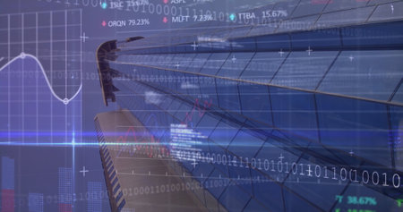 Image of stock market data processing and light trails against low angle view of tall building....